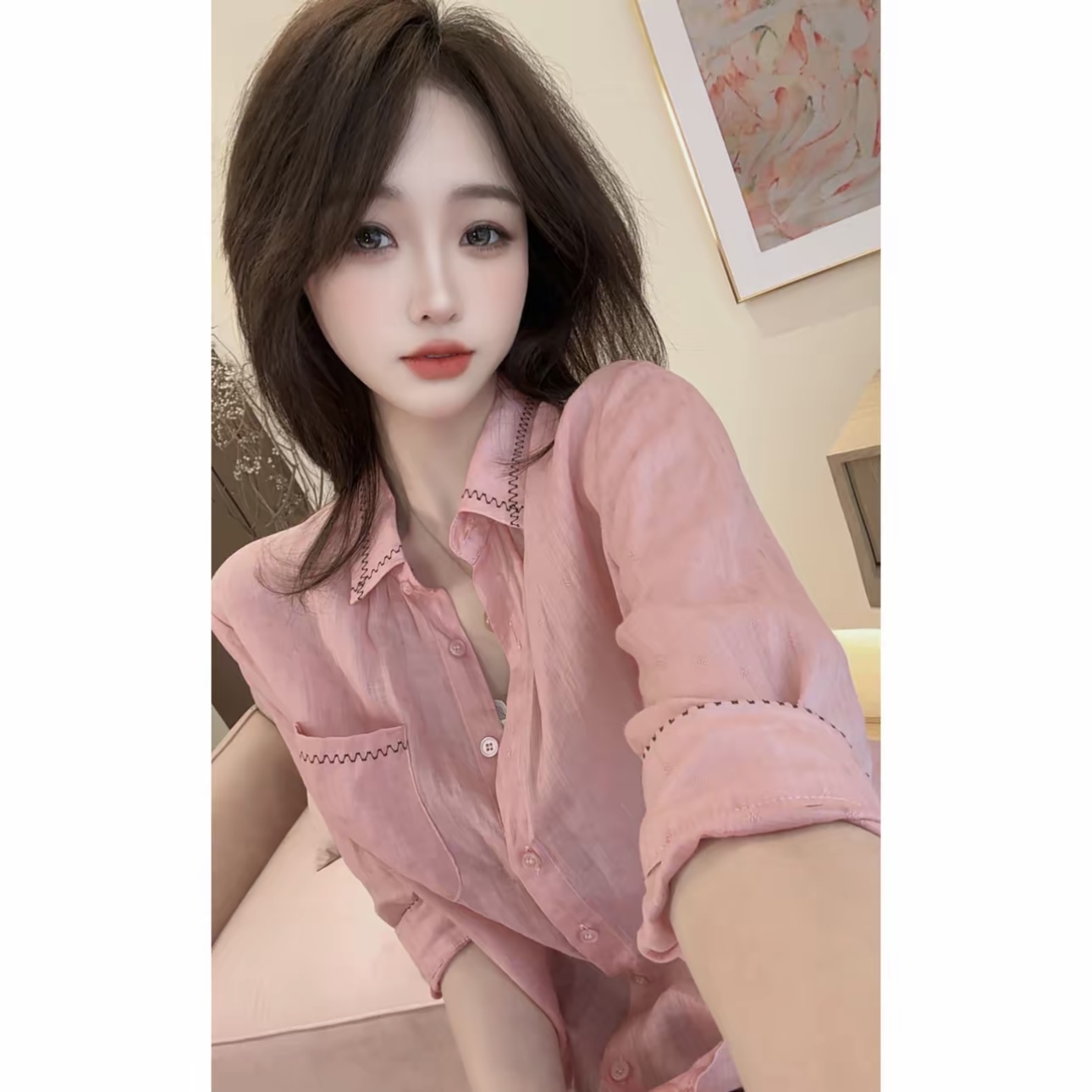 첸 첸 의류 항구 바람 품격 연령 감소 디스플레이 화이트 작은 셔츠 여성 라미 7부 소매 셔츠