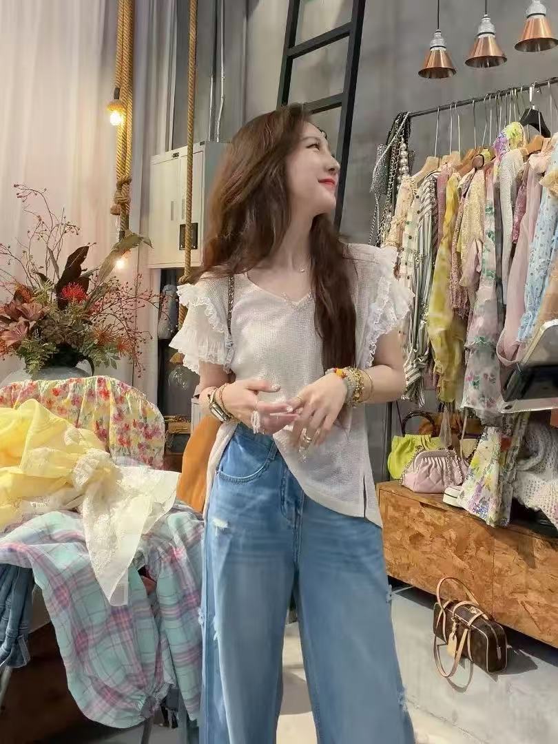 프라임 당겨서 한 부서 품격 디자인 느긋한 레이스 조각 니트 반팔 셔츠