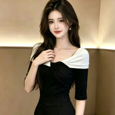 批发洛兰千金莱赛尔天丝拼色中袖T恤女2026新款打底衫上衣
