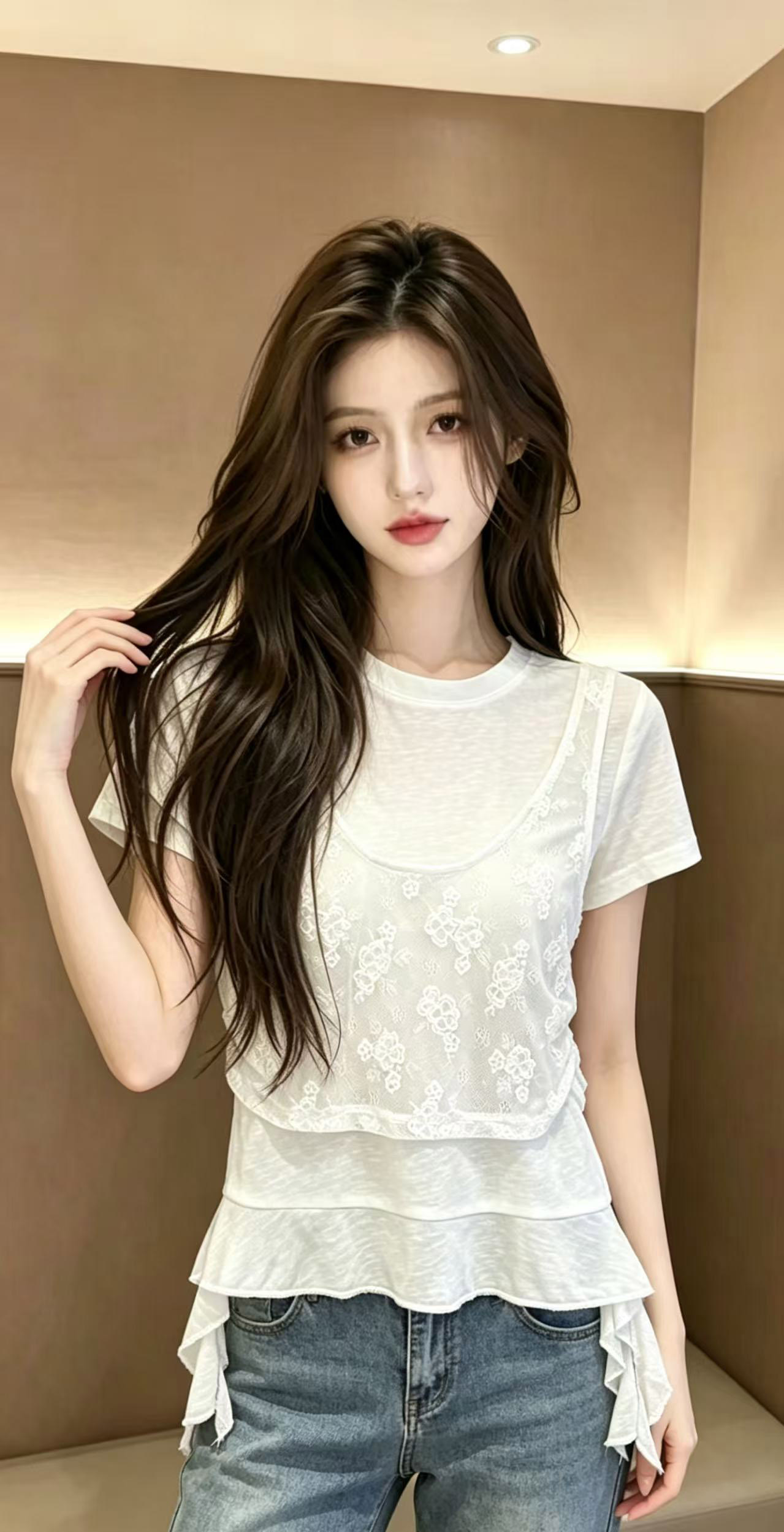감사합니다. 메밀 메밀 갑자기 더블 스택 라이 경기 서울 주간 실크 아마 뽕나무 누에 실크 프릴 페이크 레이어드 불규칙 반팔 t