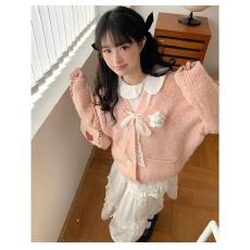 批发2025秋冬新款小个子粉色甜美针织开衫毛衣<b class='q'>蕾丝</b>蝴蝶结宽松外套上衣