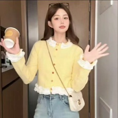 批发重工<b class='q'>荷叶边</b>彩扣针织开衫外套女2025早秋新款设计减龄短款<b class='q'>毛衣</b>上衣