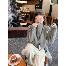 批发曾小咸 韩系灰色拼接半拉链高领毛衣女秋冬季宽松内搭针织衫上衣