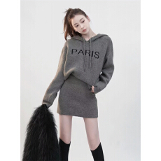 批发2025春秋新款两件套韩版慵懒风连帽字母<b class='q'>提花</b>厚款卫衣毛衣+短裙女