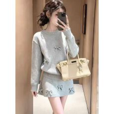 批发韩系chic高级感气质一整套2025秋冬新款灰色蝴蝶结针织短裙两件套