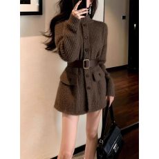 批发出席重要场合的裙子小个子气质收腰小香风立领咖色针织<b class='q'>连衣裙</b>女冬