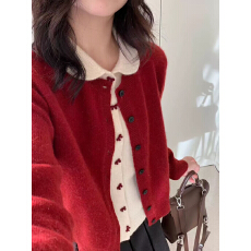 批发假两件红色蝴蝶结翻领毛衣外套<b class='q'>女</b>秋冬穿搭宽松慵懒风针织开衫上衣