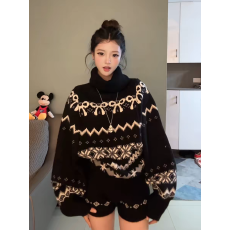 批发休闲圣诞套装女秋冬季巨好看黑色费尔岛针织衫毛衣外套短裤两件套