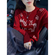 批发韩系卡通红色小马刺绣针织<b class='q'>开衫</b>女2026春季本命年穿搭时尚减龄上衣