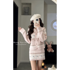 批发<b class='q'>甜美</b>粉色提花小狗针织开衫秋冬季慵懒软糯上衣毛衣半身裙两件套装