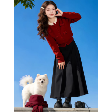 批发立体蝴蝶结亮晶晶<b class='q'>圆领</b><b class='q'>针织</b><b class='q'>开衫</b>女软糯舒适新年款长袖红色上衣外套