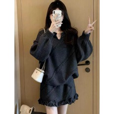 批发韩系甜美慵懒风毛衣套装女2026秋<b class='q'>冬</b>新款爆款针织上衣半身裙两件套