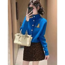 批发蓝色毛衣新款外套高领慵懒高级针织上衣<b class='q'>开衫</b>2025秋冬<b class='q'>长袖</b>百<b class='q'>搭</b>外穿