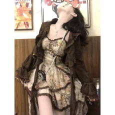 批发【ALITTLE 乱糟糟】“旷野玫瑰”波西米亚风不规则吊带裙+开衫