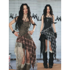 批发plan【张予曦<b class='q'>同款</b>】原创蕾丝格纹不规则斜边收腰<b class='q'>连衣裙</b>女