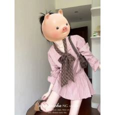 批发学院风粉色条纹长袖衬衫连衣裙女秋季新款设计感格纹系带收腰短裙