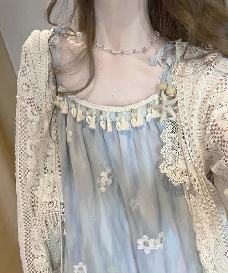 doll 오리지널 바다 ~ 중 딸 조개 불가사리 슬립 롱 스커트 여성 여름 새로운 휴가 바람 드레스