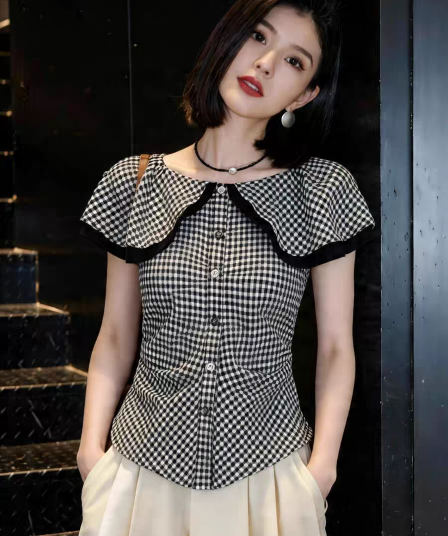 프랑스식 사소한 고급 센스 검정색 체크무늬 반팔 여성 셔츠 여름 Chic 아름다운 허리 수축 슬림해 보이는 품격 맨위