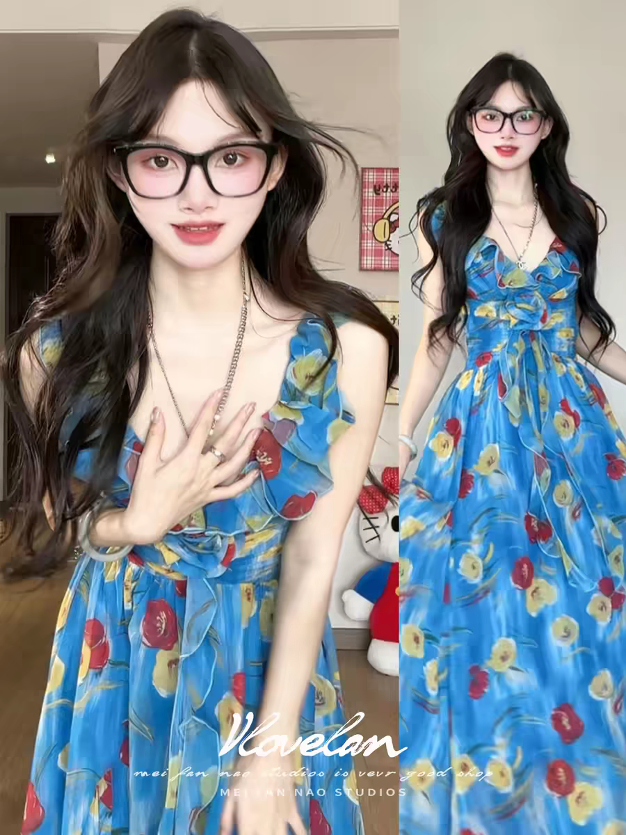 프랑스식 휴가 바람 파란색 V넥 꽃무늬 슬립 여성 드레스 여름 도파민 착용 가져 가라. 슬림해 보이는 해변 롱 스커트