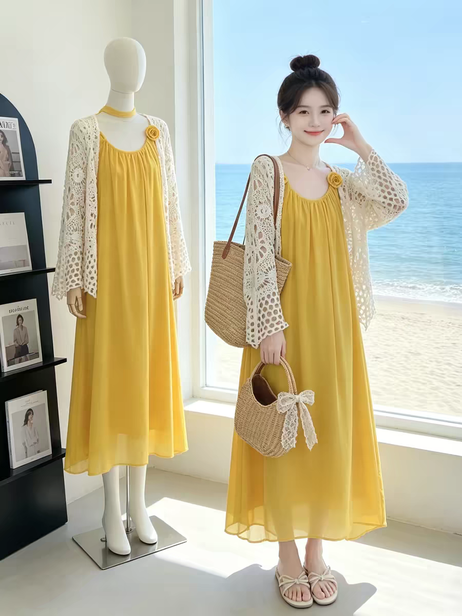 원에서 아름다운 휴가 바람 세트 여성 2026 여름 인기 부서 여행 사진 찍기 부드러운 슬림해 보이는 요정 세트