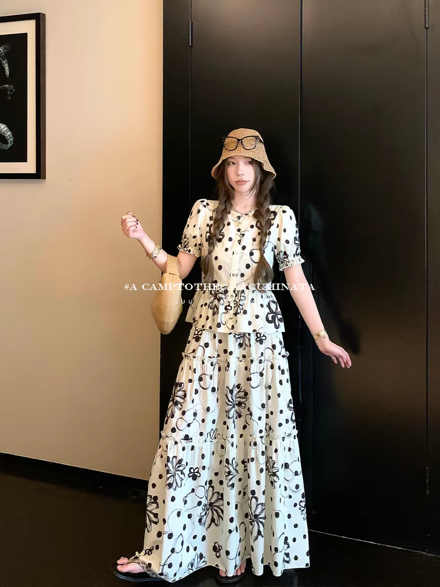 luu 복숭아 안녕하세요. 어린이 순면 도트 무늬 반팔 세트 여성 드레스 여름 한 마디 롱 스커트 루즈핏 디자인 센스 치마