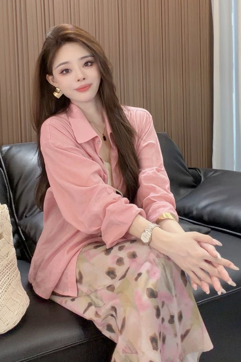 패션 세트 드레스 여성 2026 여름 외국 가스 자외선 차단 라미 셔츠 맨위 헤일로 염색 반신 스커트 빛 요리 한 두 조각
