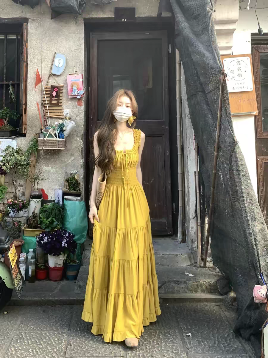 xxiiuu 밝은 일광 달콤함 분위기 센스 광장 칼라 펌프 로프 허리 수축 여성 드레스 여름 품격 롱 스커트