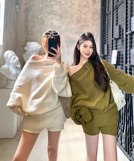 회색 재 홈 한 부서 니트 세트 오프숄더 양모 스웨터 경기 캐주얼 반바지 두 조각 여성 세트