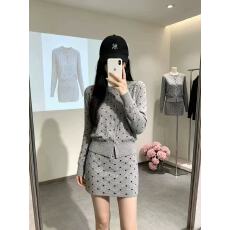 批发韩版新款波点针织开衫女长袖秋季外套+半身针织裙两件套装