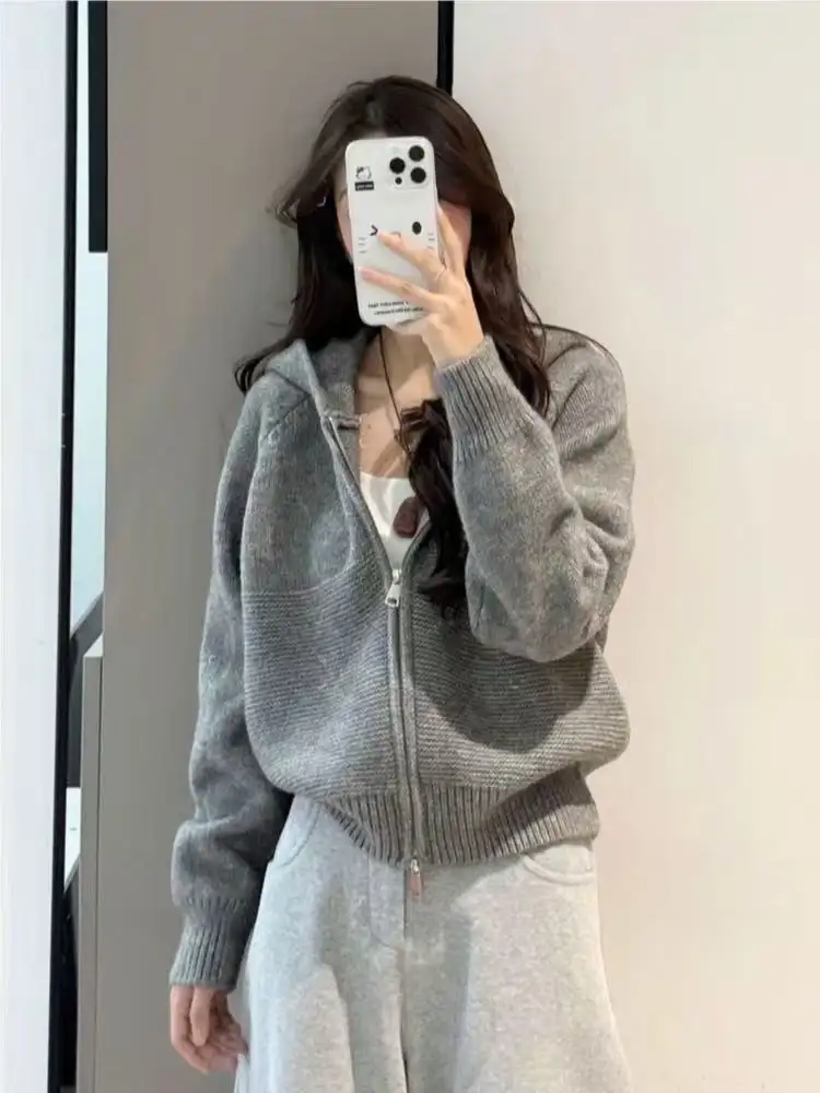 후드 지퍼 가디건 니트