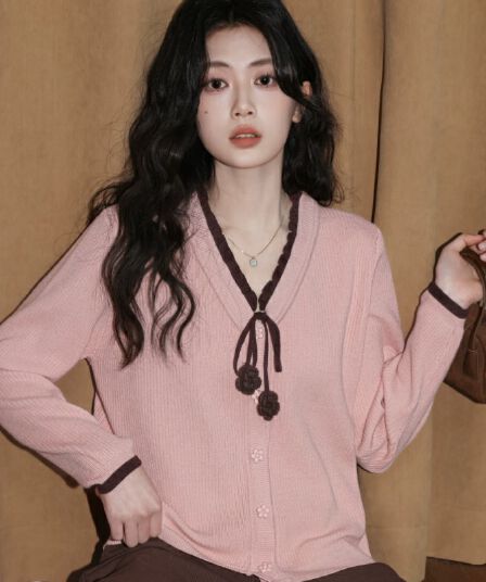 핑크색 페이크 레이어드 V넥 니트 오픈 가디건 여성 학원 스타일 배색 레이스업 다용도 스웨터 코트 맨위 트렌디