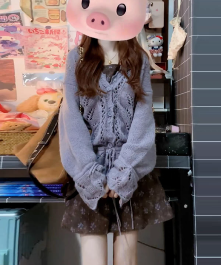 레트로 고유 한 슈퍼 잘 생긴 니트 스웨터 꽃무늬 슬립 드레스 투피스 슈트 전체 집합 ootd 착용 가져 가라.