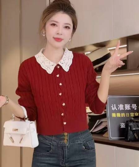 2026 가을 겨울 새로운 레이스 베이비 칼라 꽈배기 니트 오픈 가디건 스웨터 코트 맨위 하트 버클 여성