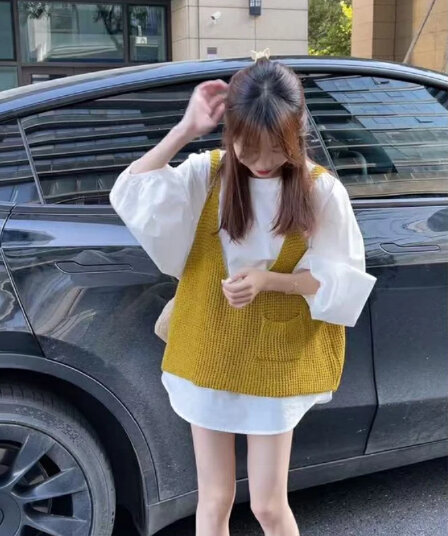 조기 가을 디자인 센스 거품 소매 셔츠 스택 착용 V넥 니트 베스트 투피스 세트