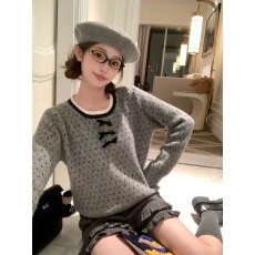 批发秋冬新款甜美<b class='q'>日系</b>娃娃领波点花边蝴蝶结毛衣慵懒设计感百搭上衣女
