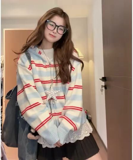 한국 스타일 느긋한 바람 배색 스트라이프 후드 니트 오픈 가디건 여성 가을 겨울 루즈핏 캐주얼 슬림해 보이는 다용도 스웨터 코트
