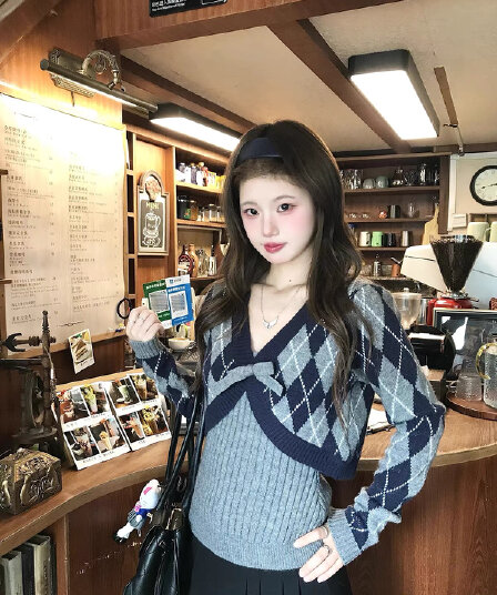 작은 요정 니켈 어린이 레트로 링 그리드 니트 스웨터 여성 가을 자이언트 잘 생긴 학원 스타일 스택 착용 세트 부드러운 작은 대중 맨위