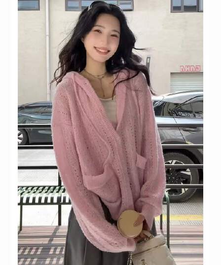 한 부서 작은 청신 부드러운 느긋한 바람 핑크색 홀로우 아웃 후드 디스플레이 니트 오픈 가디건 여성 스웨터