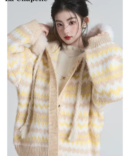모피 칼라 후드 부드러운 찹쌀 루즈핏 스웨터 여성 코트 느긋한 바람 스트라이프 배색 두꺼운 니트 오픈 가디건