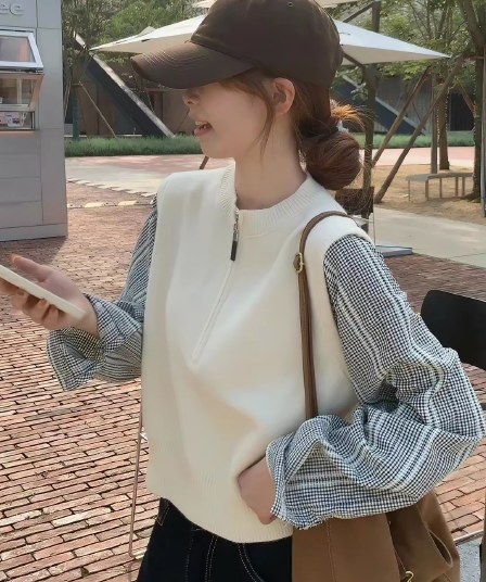 프랑스식 사소한 Chic 페이크 레이어드 체크무늬 패치워크 니트 스웨터 여성 2026 가을 루즈핏 슬림해 보이는 하프 지퍼 스웨터