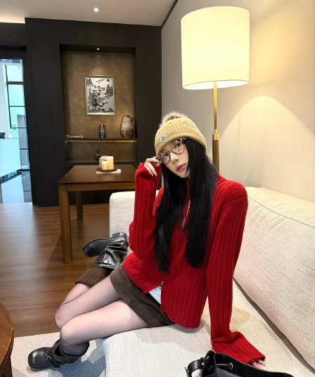 70 아니요 칠십 신년 로브 두꺼운 빨간색 스웨터 오픈 가디건 한 부서 착용 가져 가라. 더블 지퍼 니트 재킷
