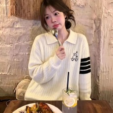 批发复古翻领麻花套头针织衫休闲打底衫美式条纹学院风polo领上衣女