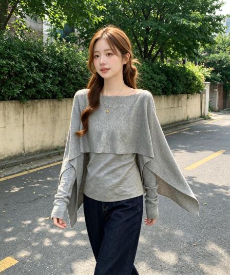 가을 겨울 망토 숄 페이크 레이어드 니트 스웨터 여성 지방 mm 고유 한 다용도 연령 감소 슬림해 보이는 긴팔 기본 셔츠