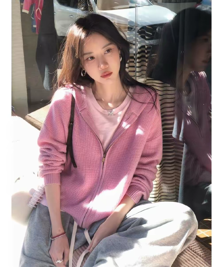 도파민 한 부서 루즈핏 슬림해 보이는 후아 남편 그리드 후드 오픈 가디건 스웨터 여자 가을 겨울 새로운 캐주얼 다용도 재킷 트렌디