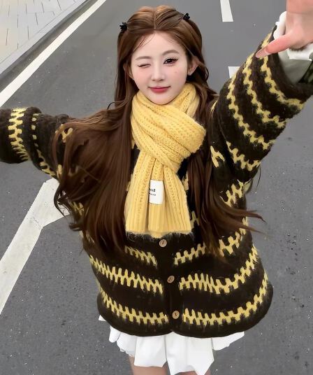 보존 섹션 추천 느긋한 바람 레트로 물결무늬 스트라이프 라운드 넥 스웨터 오픈 가디건 여성 겨울 루즈핏 니트 재킷
