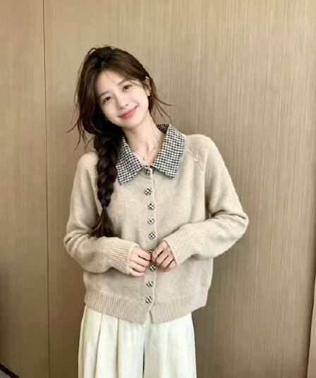배색 체크무늬 폴로 칼라 니트 오픈 가디건 작은 키 쇼트 스타일 스웨터 여성 코트 가을