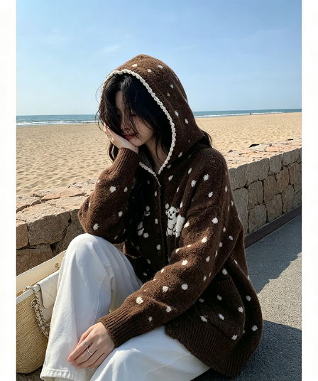 한 부서 어린 양 도트 무늬 후드 니트 오픈 가디건 여성 가을 겨울 와이드 부드러운 찹쌀 느긋한 바람 주머니 스웨터 코트
