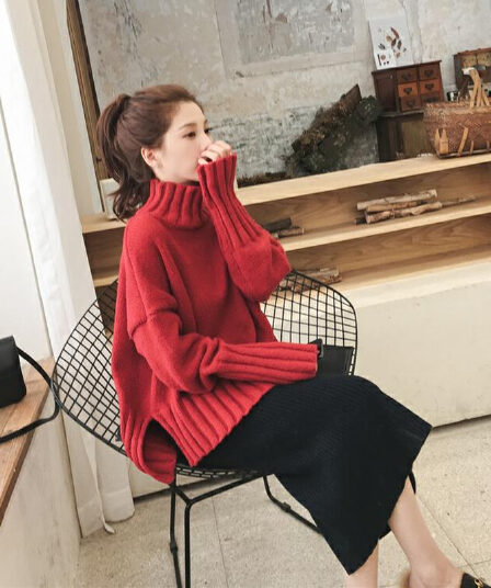 가을 겨울 반하이넥 거품 소매 카디건 여성 단색 루즈핏 슬림해 보이는 루즈핏 풀오버 긴팔 스웨터 니트 만나는
