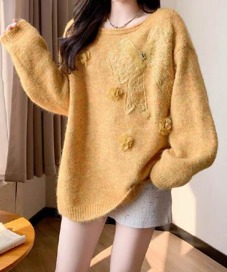 무거운 작업 패션 3 차원 나비 매듭 장식 라운드 넥 스웨터 여자 가을 겨울 새로운 품격 고급 센스 느긋한 바람 맨위