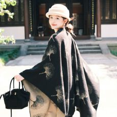 批发银杏叶双面开叉复古秋冬旅游民族中式仿羊绒围巾保暖披肩斗篷披肩